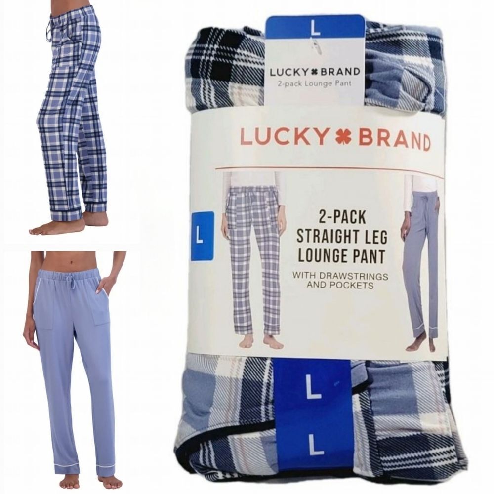 2-pk Lucky Women's L Comfy Straight Leg Lounge PJ Pants Relaxed Blue Plaid NWT